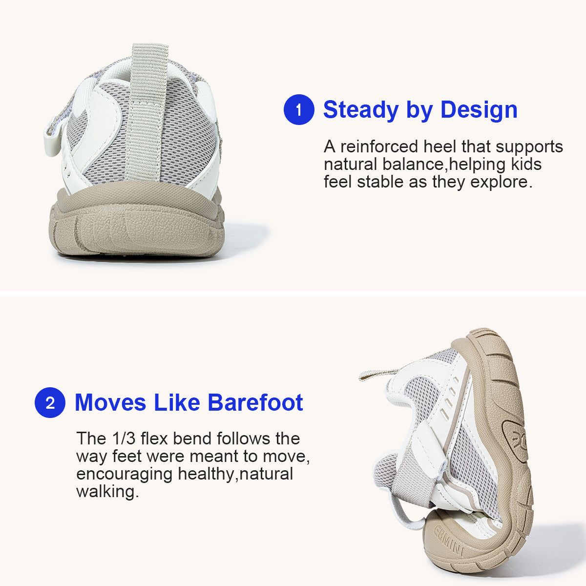 EBMINI SHIELD padded heel support and flexible rugged sole demonstration