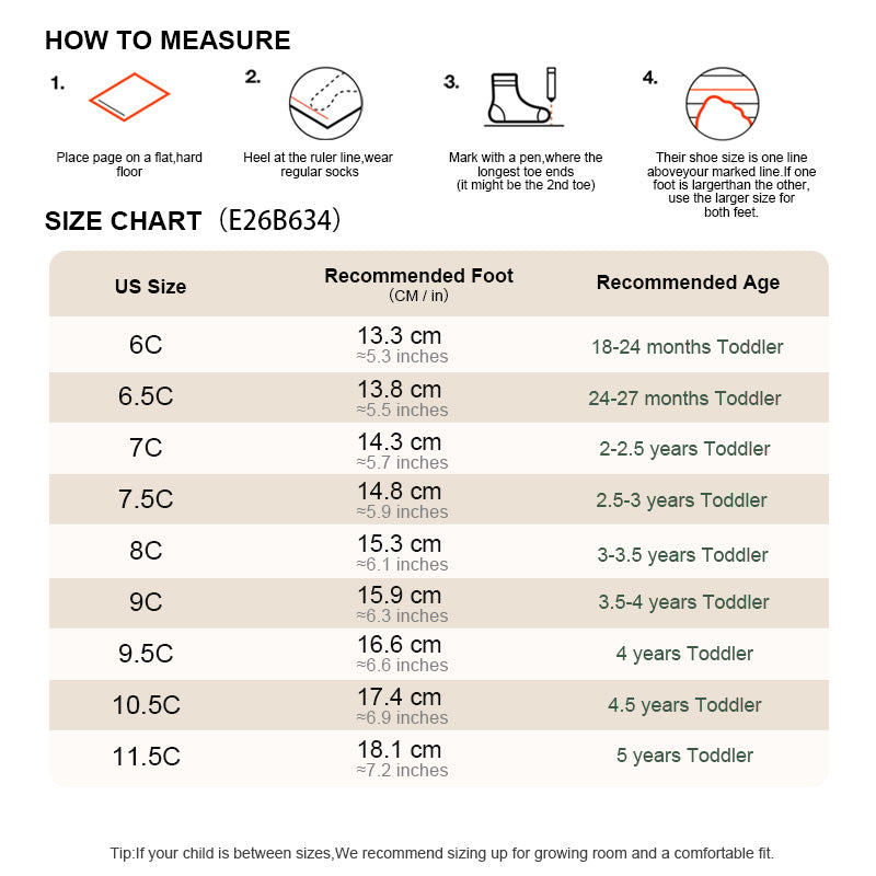 EBMINI SKYPOP toddler sneaker size guide and foot measurement chart