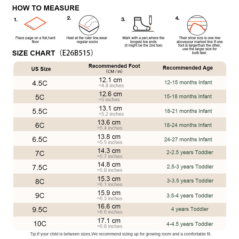 EBMINI STARLET toddler sneaker size guide and foot measurement chart