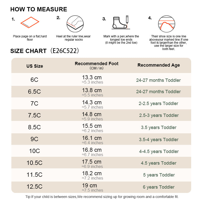 EBMINI SUMMIT toddler hiking sneaker size guide and foot measurement chart