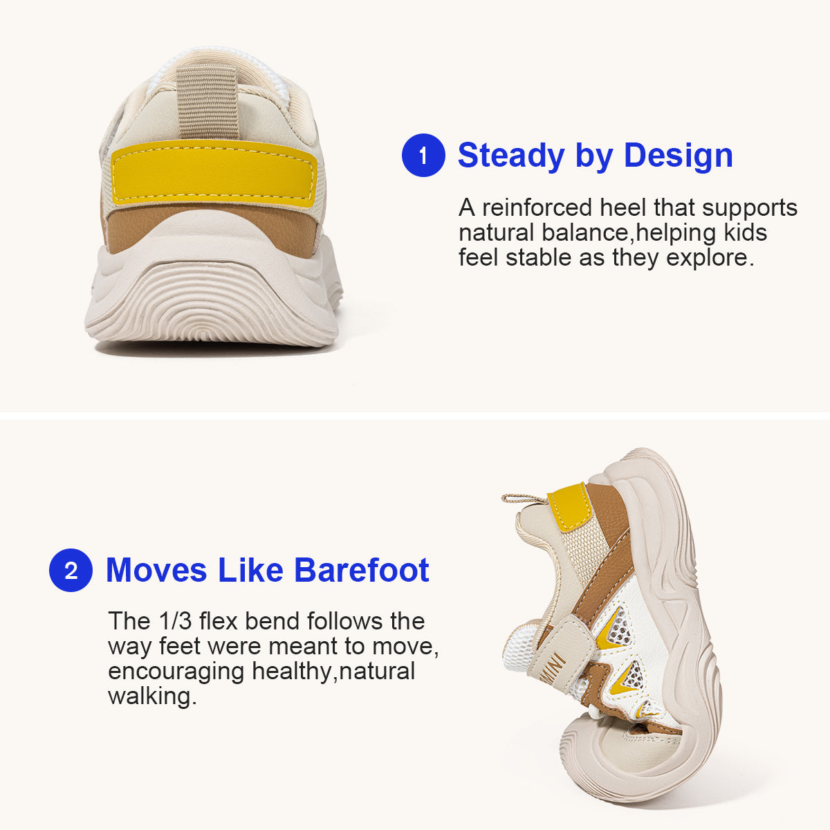 EBMINI SWELL brown and white barefoot sneakers for growing feet