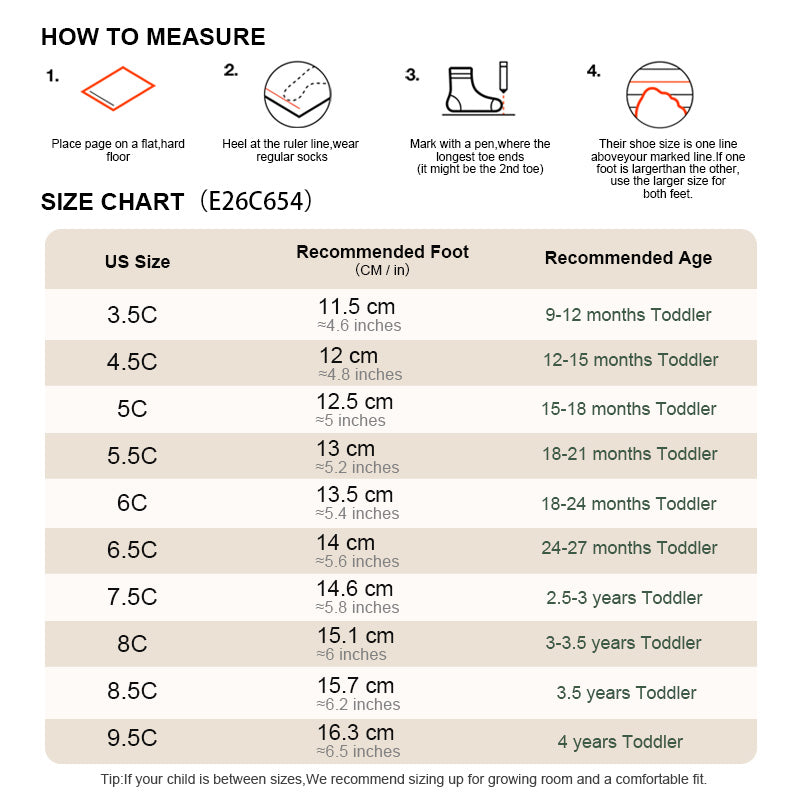 EBMINI SWIRL toddler sneaker size guide and foot measurement chart
