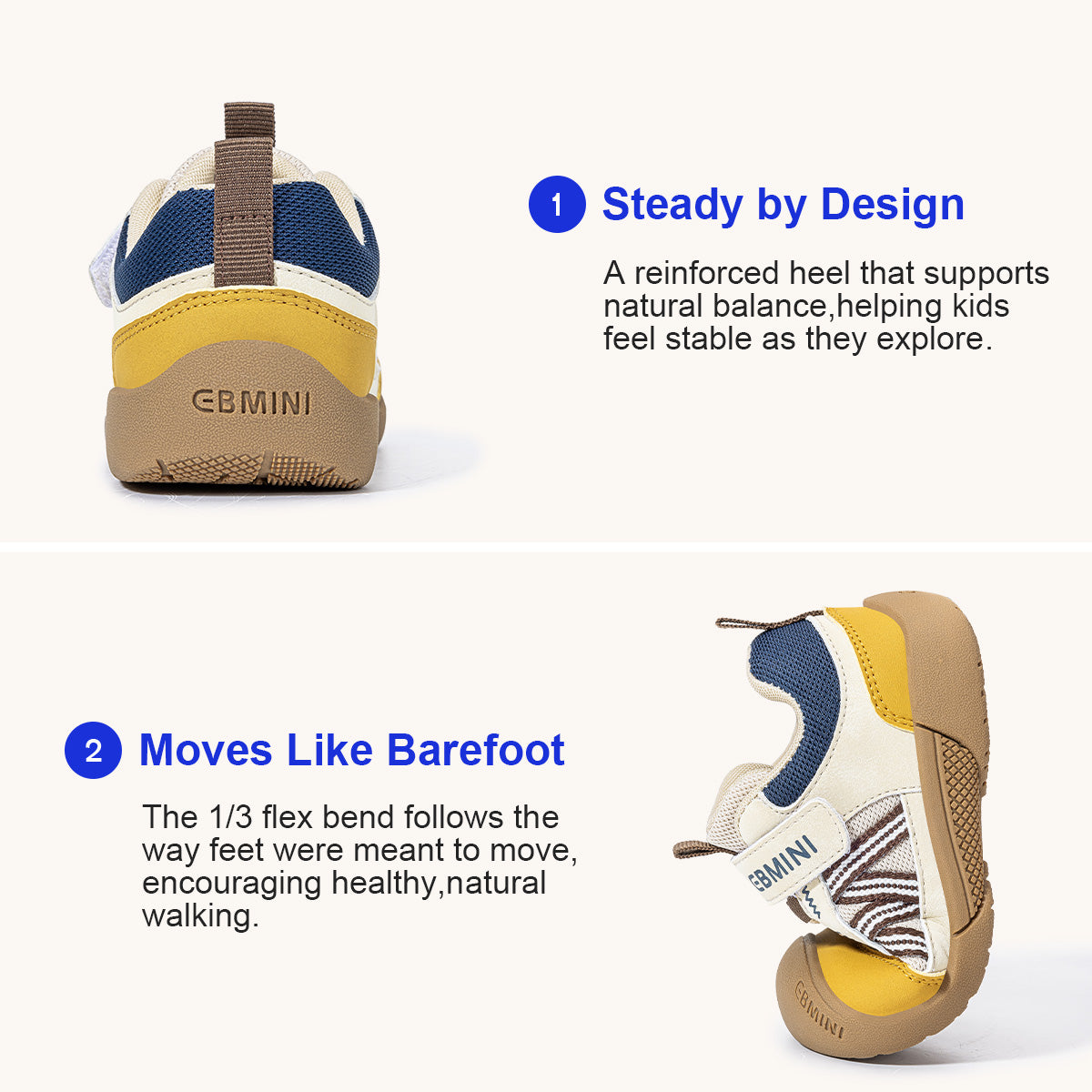 EBMINI TERRAIN wide toe kids outdoor sneakers — heel detail