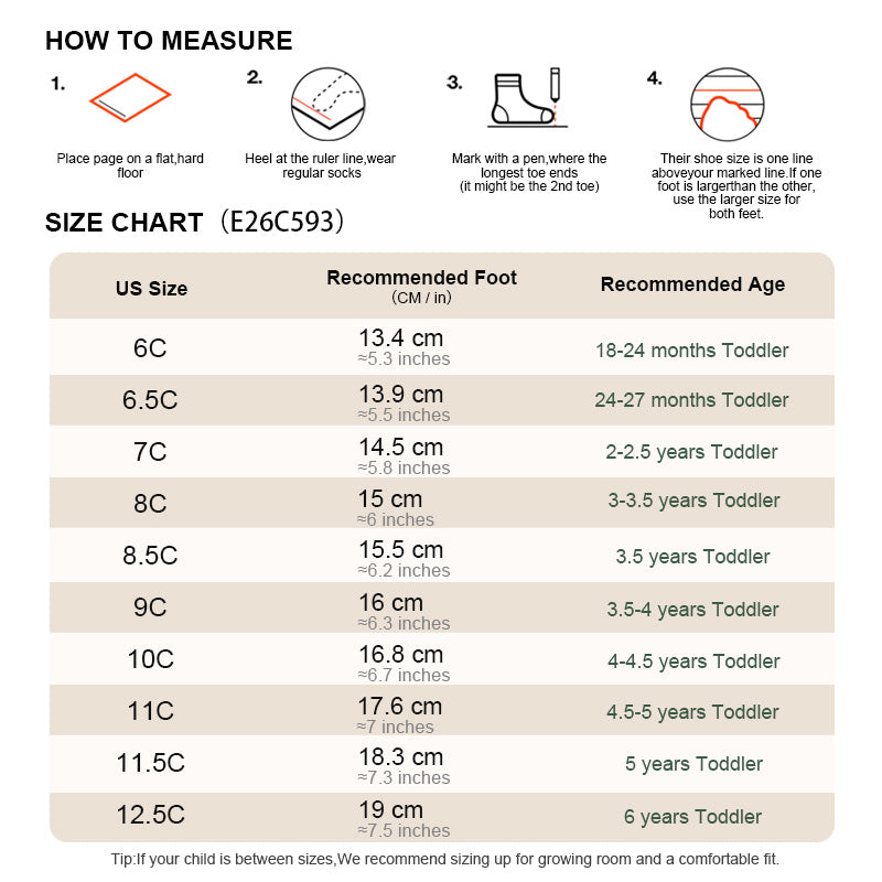 EBMINI TRAX toddler shoe size guide and measuring instructions