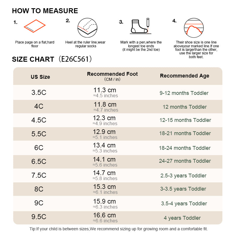 EBMINI TWINKLE toddler shoe size guide and measuring instructions