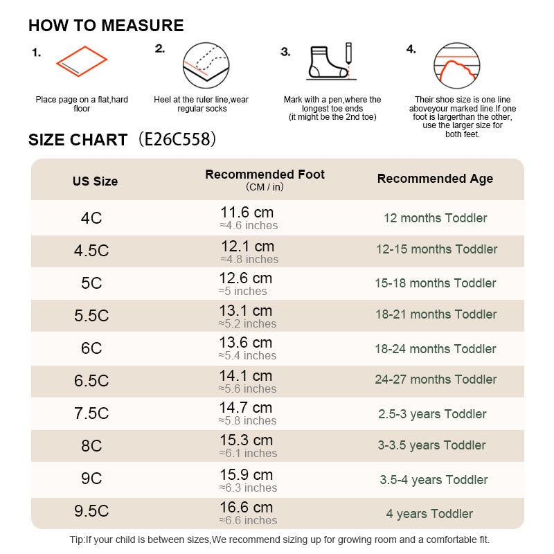 EBMINI VARSITY toddler shoe size guide and measuring instructions