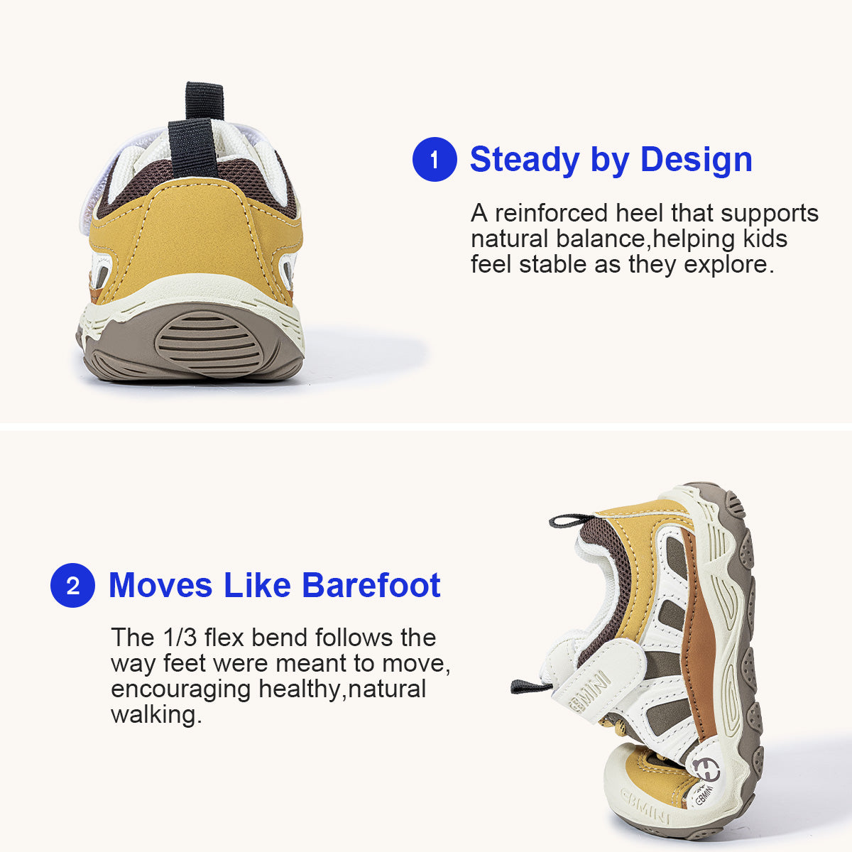 EBMINI VOYAGE padded heel support and flexible sole demonstration